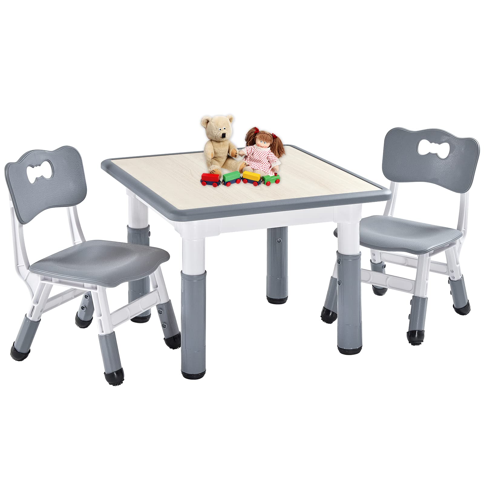 FUNLIO Kids Table and 2 Chairs Set, Height Adjustable Toddler Table and Chair Set for Ages 3-8, Easy to Wipe Arts & Crafts Table, for Classrooms/Daycares/Homes, CPC & CE Approved (3pcs Set) - Gray