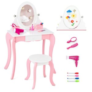 costzon kids vanity set, 2 in 1 princess makeup dressing table w/double-sided 360° swivel mirror, hairdryer & accessories, toddler vanity with drawer & stool, pretend play vanity set for little girls