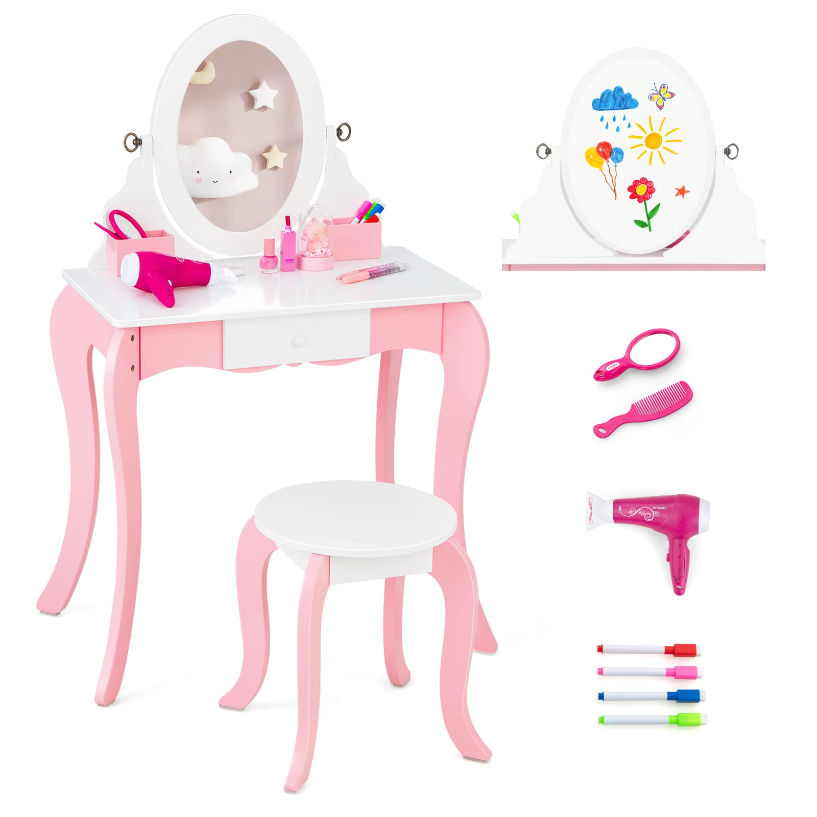 Costzon Kids Vanity Set, 2 in 1 Princess Makeup Dressing Table w/Double-Sided 360° Swivel Mirror, Hairdryer & Accessories, Toddler Vanity with Drawer & Stool, Pretend Play Vanity Set for Little Girls