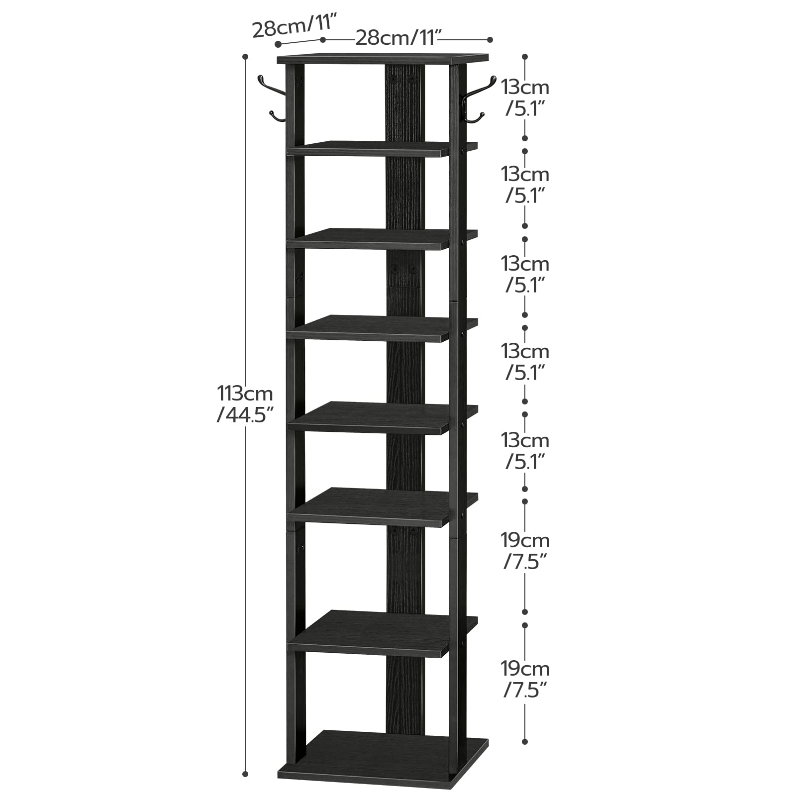 HOOBRO 8 Tiers Vertical Shoe Rack, Wooden Shoe Storage Organizer with Hooks, Narrow Shoe Tower for 8 Pairs, Space Saving, for Entryway, Living Room, Bedroom, Black BK07XJ01