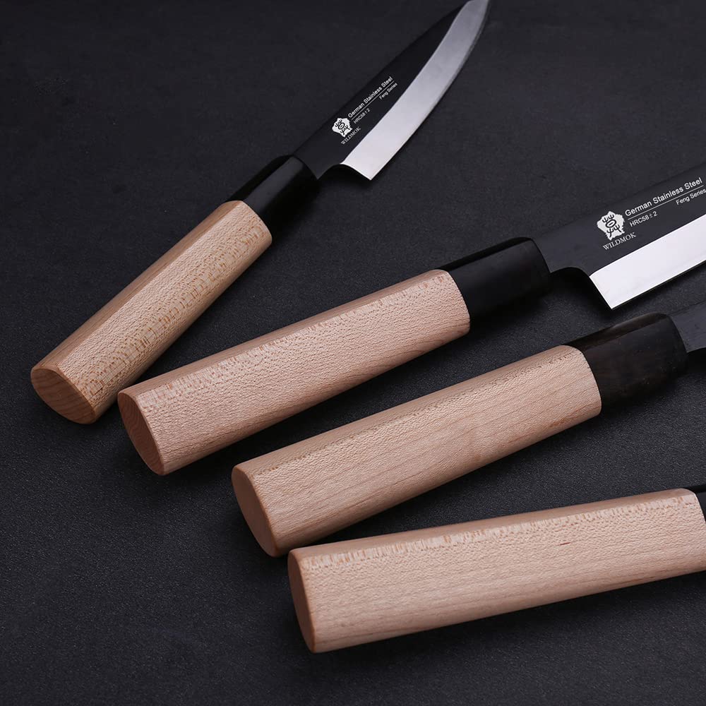 WILDMOK Knife Set of 4 GYUTO Sushi Chef Knives-Yanagiba-Deba-Nakiri-Utility Kitchen Knife, Fish Slicing Filleting Knife Sets with German Steel Blade & Traditional Wooden Handle