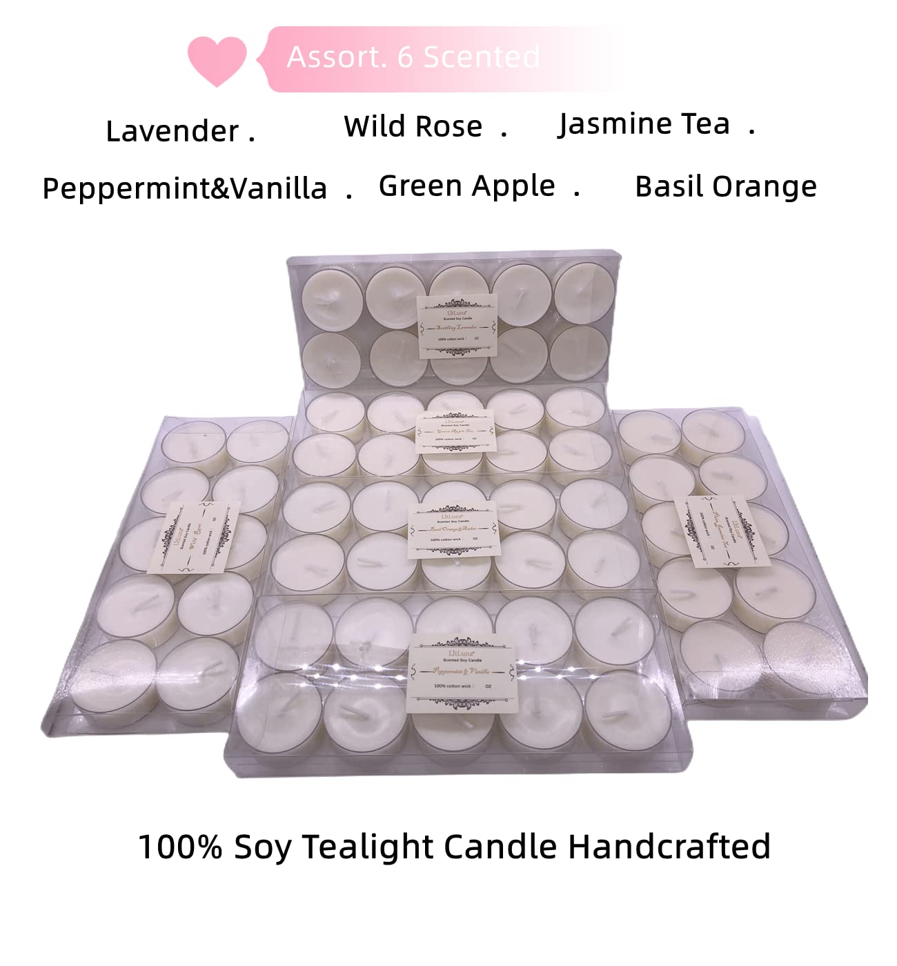 LITLUNA Soy Tealight Candles Scented w/Clear Cup- Pack 60,Assorted 6 Luxury Aromatheraphy Collect-Lavender/Rose/Jasmine Tea/Vanilla/Basil Orange/Apple, Pleasing Smell for Home,Camping,Trip