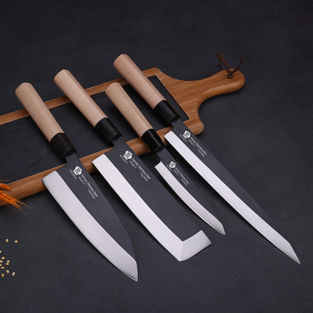 WILDMOK Knife Set of 4 GYUTO Sushi Chef Knives-Yanagiba-Deba-Nakiri-Utility Kitchen Knife, Fish Slicing Filleting Knife Sets with German Steel Blade & Traditional Wooden Handle