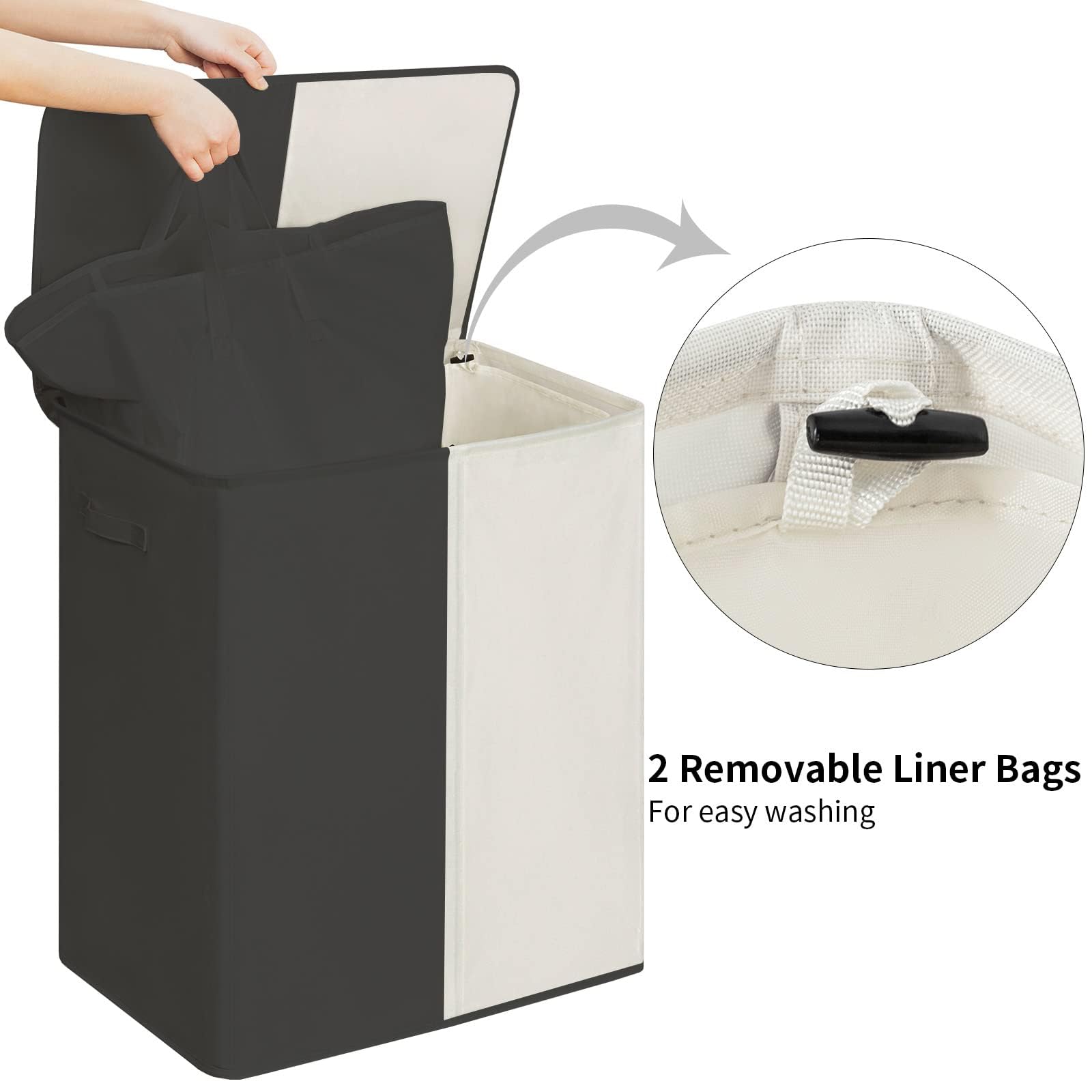 WOWLIVE Double Laundry Baseket with Lid and Removable Laundry Bags,154L Large Laundry Hamper 2 Section Collapsible Dirty Clothes Hamper for Laundry Room,College Dorm,Bathroom,Black and Beige