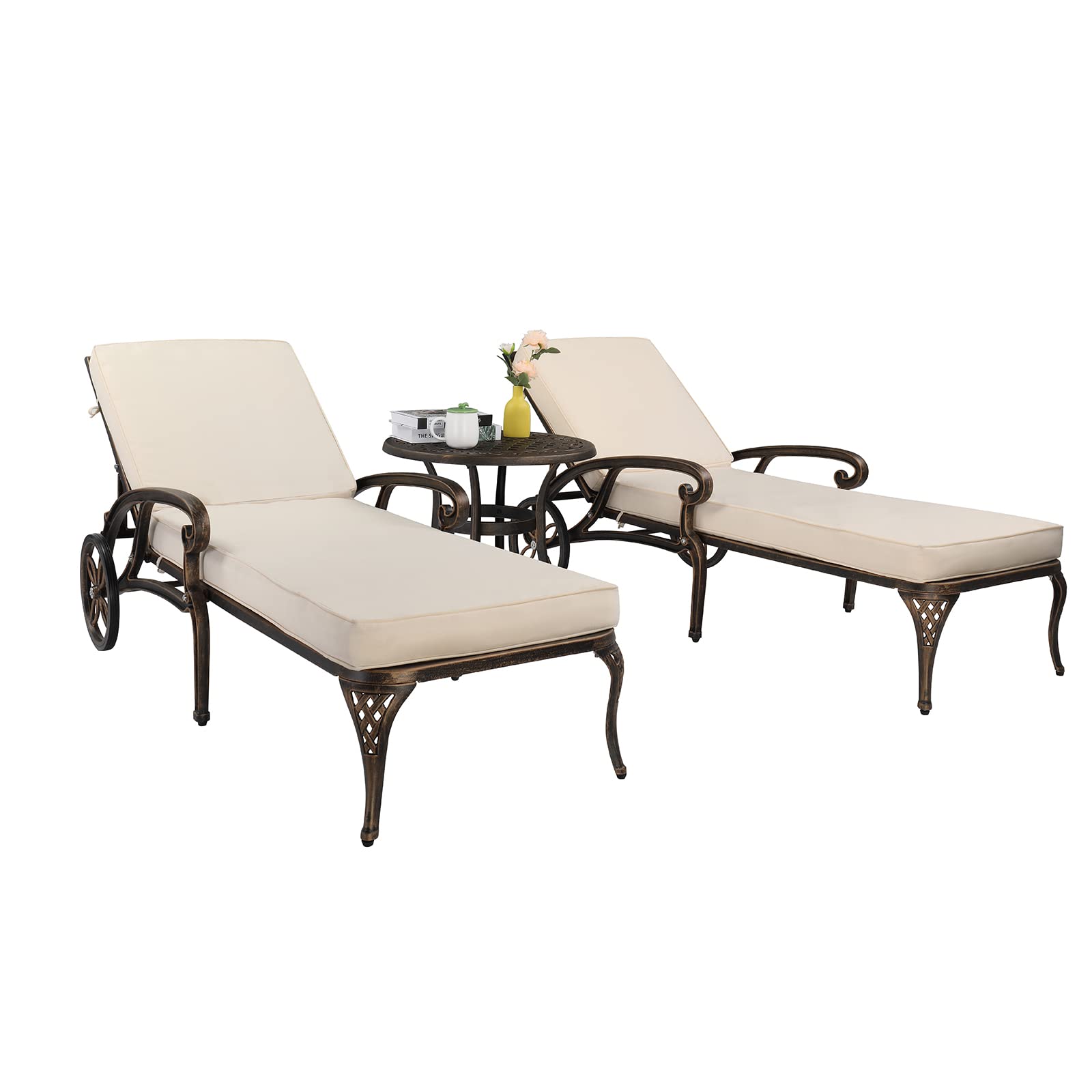 VINGLI Cast Aluminum Outdoor Chaise Lounge Chair and Side Table Set, Patio Chaise Lounge with 3-Position Adjustable Backrest, Tanning Chair Reclining Chair Poolside Lounge Chair (with Round Table)