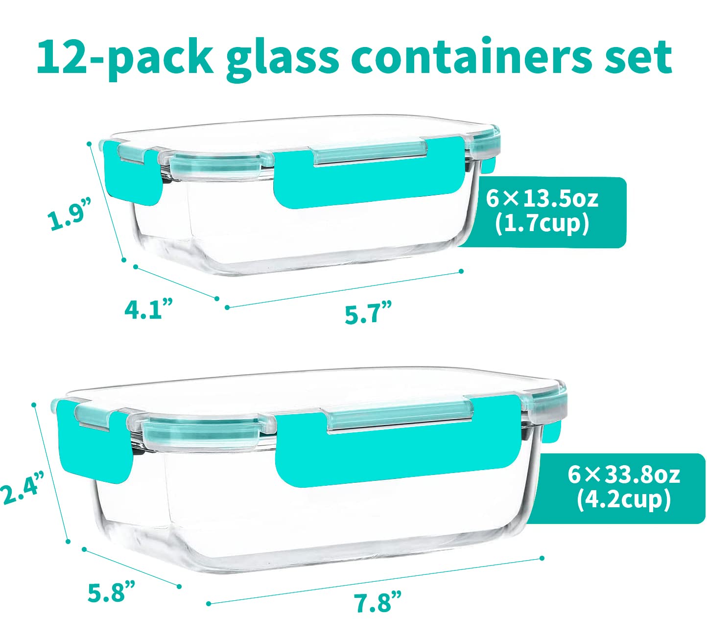 KOMUEE 12 Packs Glass Meal Prep Containers Set, Glass Food Storage Containers with Locking Lids, Airtight Glass Lunch Containers, Microwave, Oven, Freezer & Dishwasher Friendly, Green