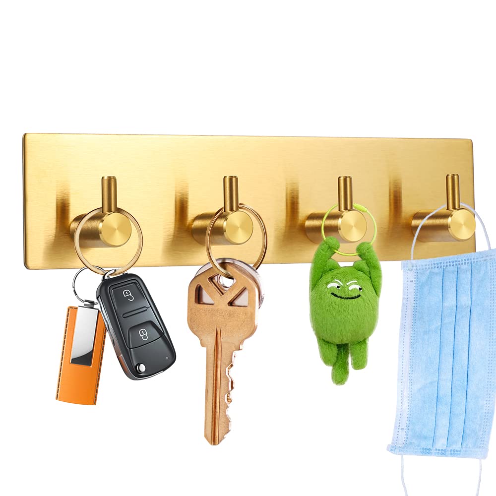 Picowe Key Holder for Wall Decorative, Adhesive Stainless Steel Key Hooks, Key Hanger Key Organizer for Wall, Towel Hook Coat Hanger for Entryway Hallway Kitchen(Four Rows,Golden 1PCS)