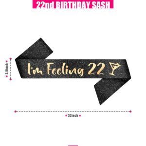 PartyForever 22nd Birthday Decoration Sash for Women I'm Feeling 22 Black 32 inch Long with Rose Gold Letters for Her