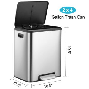 Fashionwu Dual Trash Can, Stainless Steel 2 x 4 Gal (2 x 15L) Garbage Can, Steel Pedal Recycle Bin with Lid and Inner Buckets, Rectangular Hands-Free Kitchen Trash Can