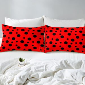 Ladybug Bedding Set Twin Size Red and Black Bed Set for Girls Teens Bedroom Decor Kids Polka Dot Pattern Fitted Sheet Soft Microfiber Cartoon Theme Bed Cover(1 Fitted Sheet+1 Pillow Case)