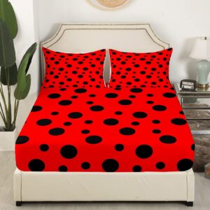 ladybug bedding set twin size red and black bed set for girls teens bedroom decor kids polka dot pattern fitted sheet soft microfiber cartoon theme bed cover(1 fitted sheet+1 pillow case)