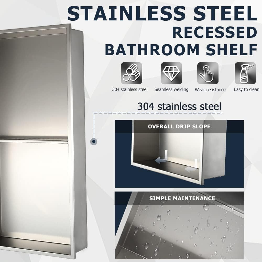 Stainless Steel Shower Niche 24" X 12",No Tile Needed Wall Niche Double Shelves,Recessed Niche Shower Shelf for Bathroom Storage