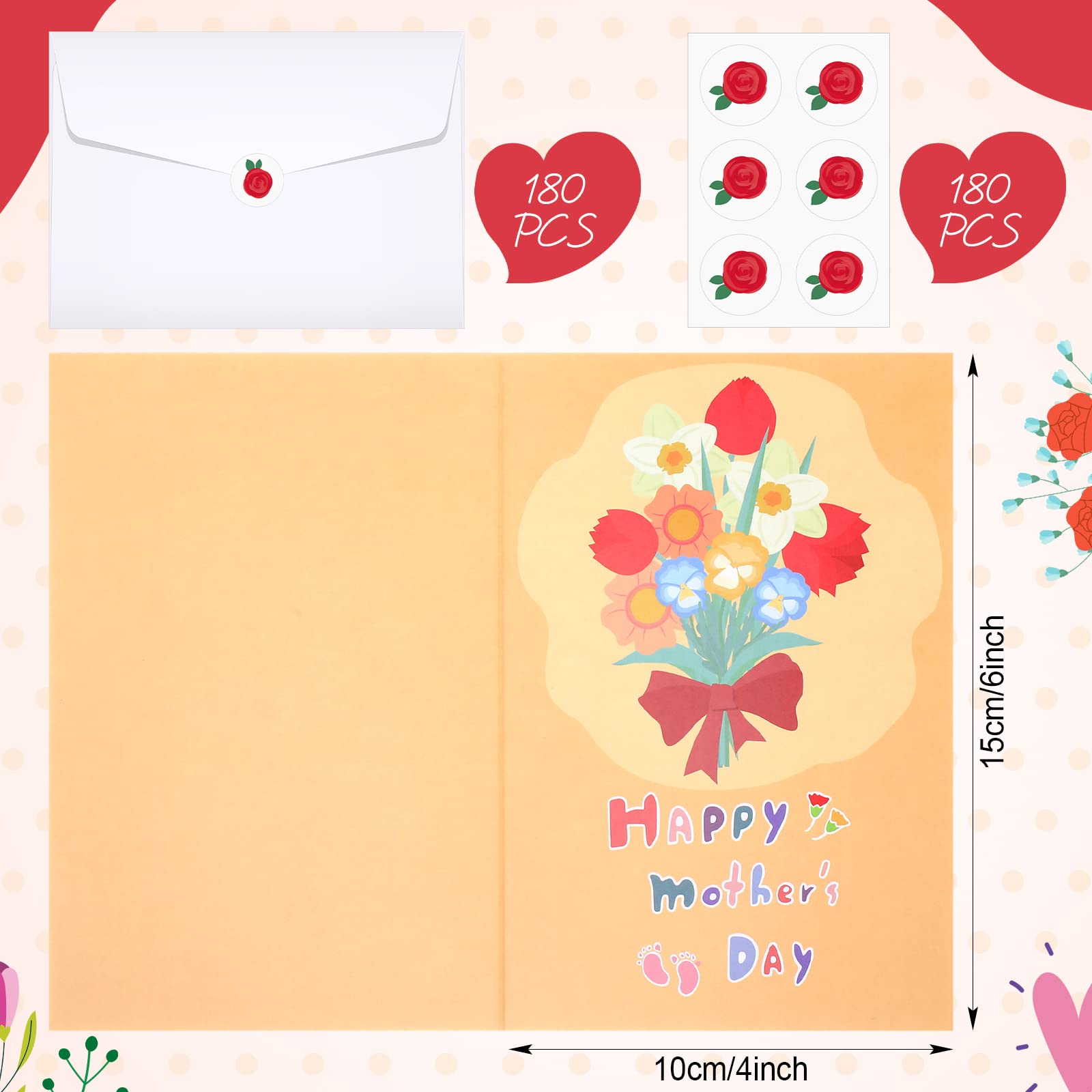 Fuutreo 180 Pack Mother's Day Card Assortment with 180 Envelopes and 180 Cute Stickers Floral Mother's Day Greeting Cards Blank Inside for Mother's Day Birthday Supplies, 4 x 6 Inch, 12designs