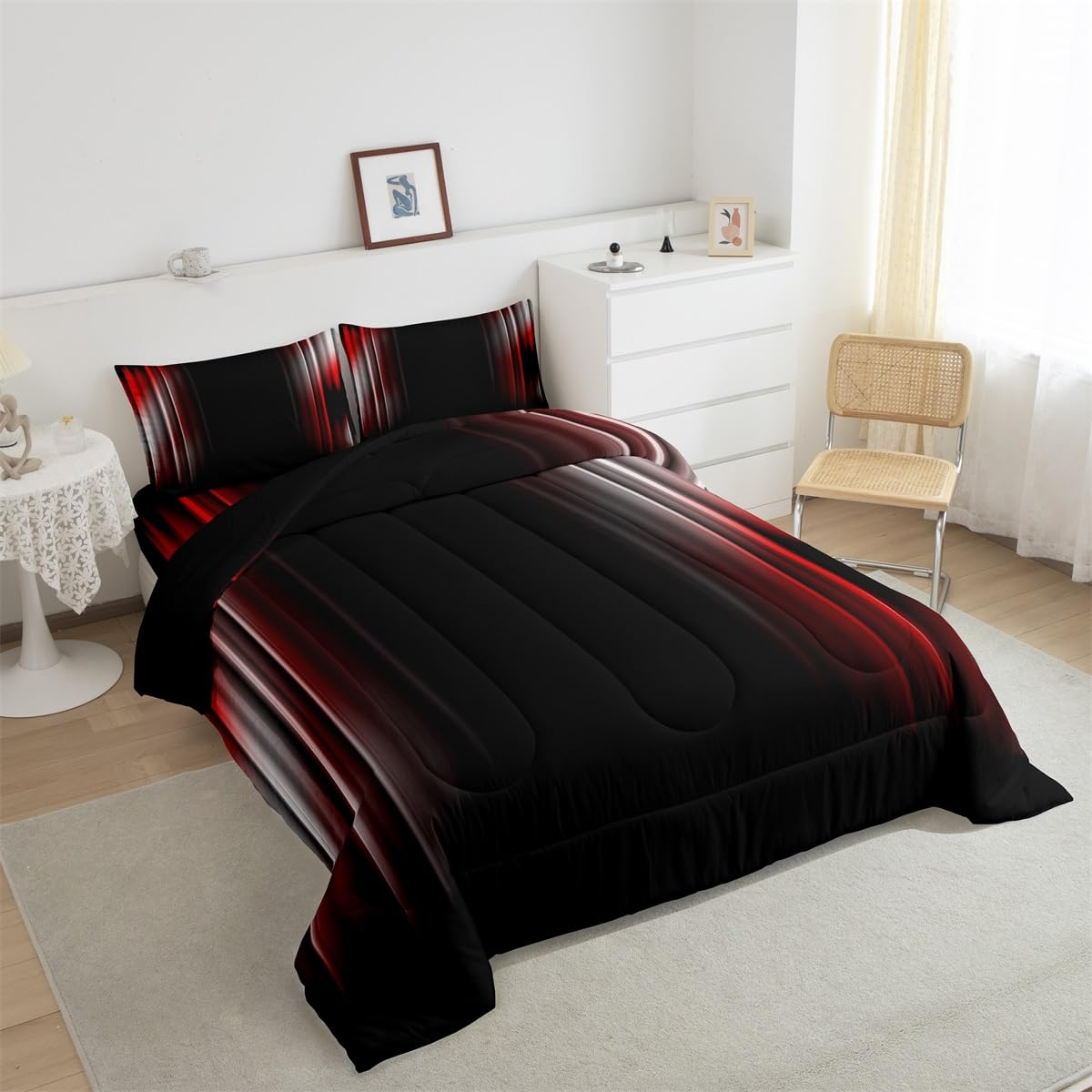 Feelyou Geometric Ombre Bedding Set Men Adults Teens Grey White Red and Black Stripes Comforter Set Kids Boys Girls Simple Modern Quilt Set 3Pcs Queen Size