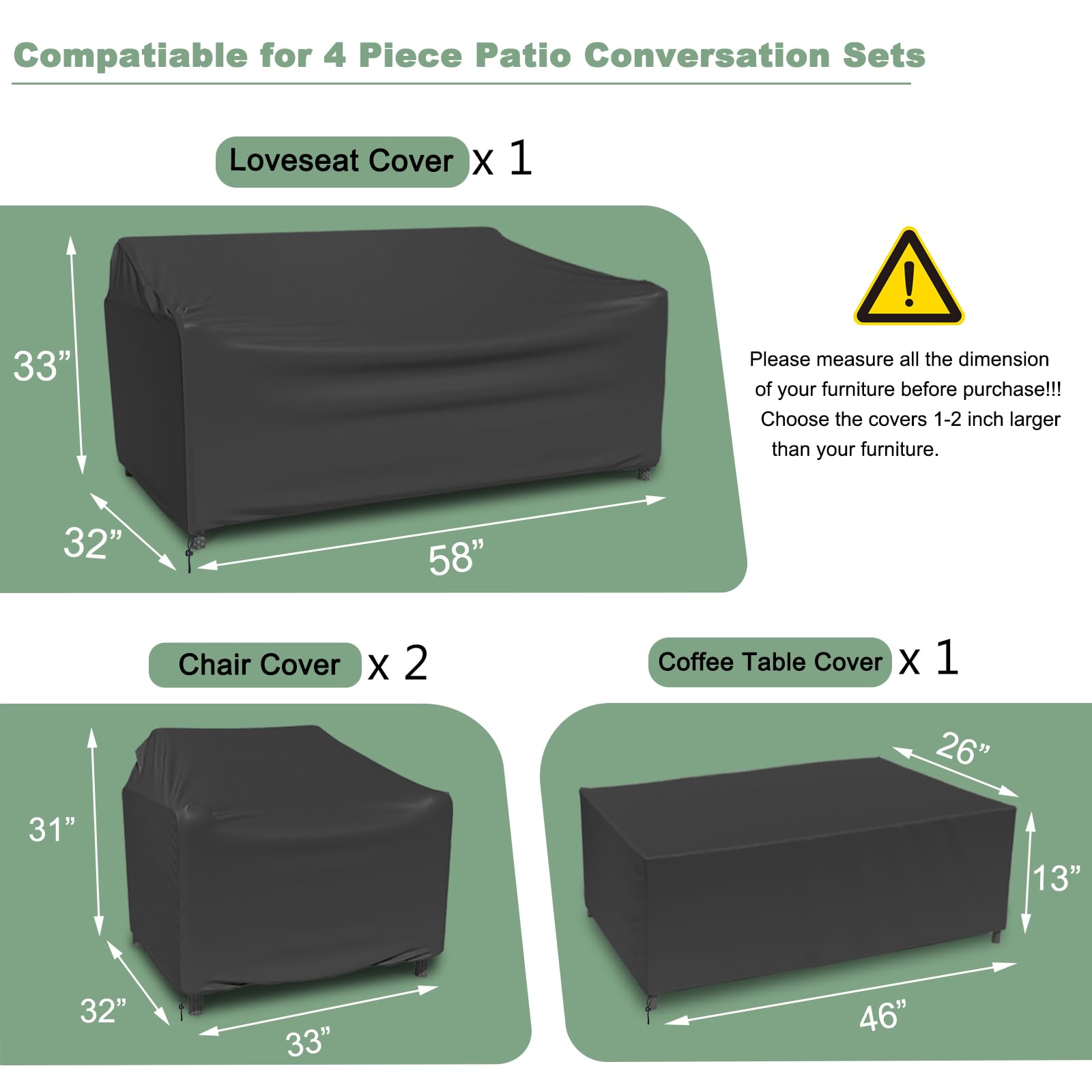 Outdoor Furniture Cover Waterproof, 4-Piece Patio Furniture Covers for 4 PCS Patio Outdoor Conversation Set, Included: Ourdoor Loveseat Cover, 2 Patio Chair Covers, Outdoor Coffee Table Cover-Grey