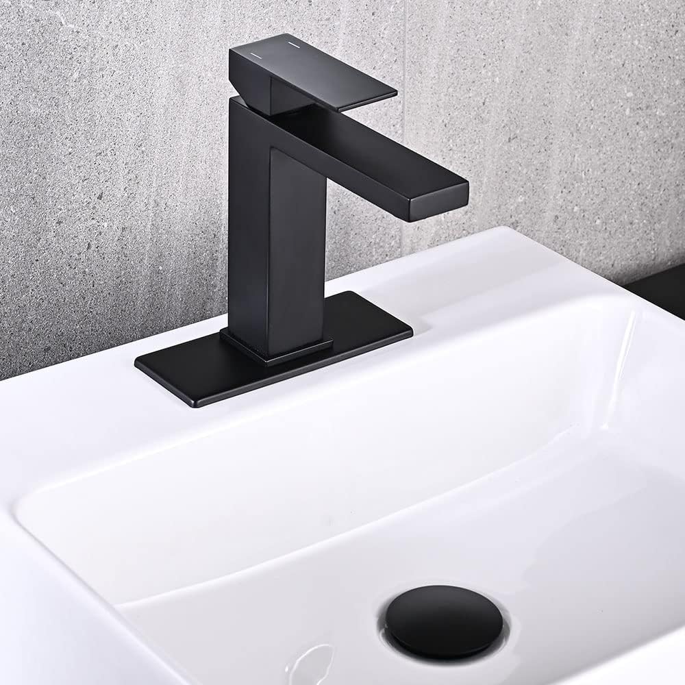 AVSIILE Matte Black Bathroom Faucet, Single Hole Vanity Bath Faucet, Single Handle Modern Stainless Steel Bathroom Faucets for Sink 1 Hole with Pop Up Drain Stopper & Water Supply Hoses