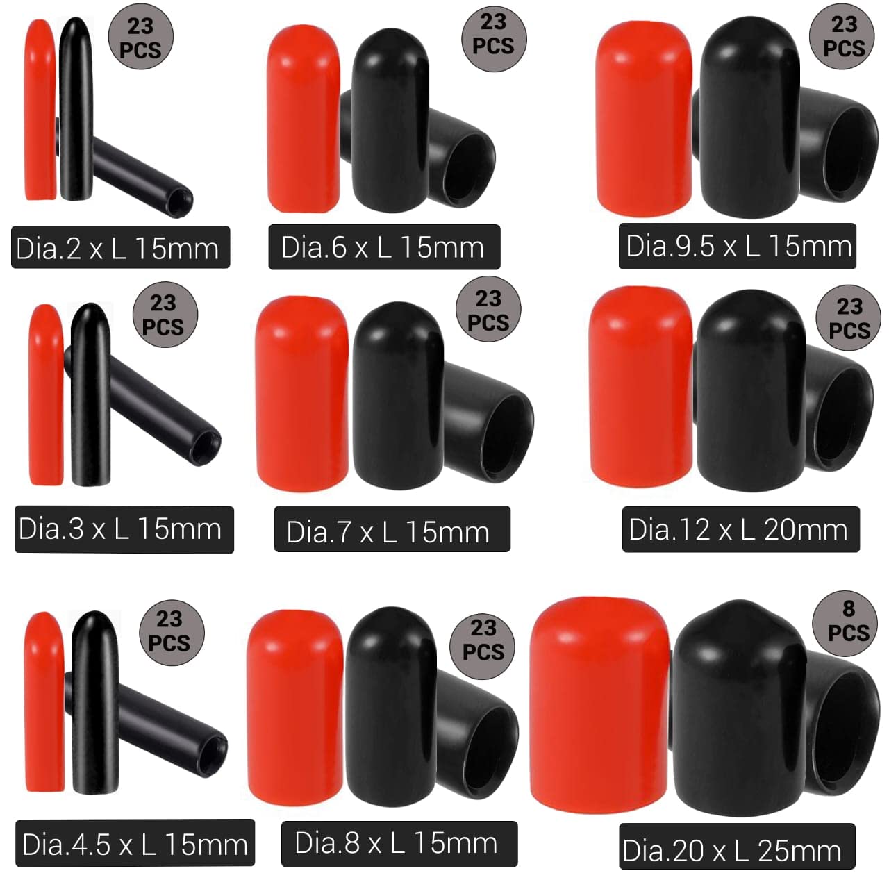 Performore 192 Pieces Rubber End Caps - Screw Cap Covers - Thread Protector - Rubber Tips - Red & Black Vinyl Flexible Bolt & Screw Thread Protector Caps 9 Sizes in Plastic Case