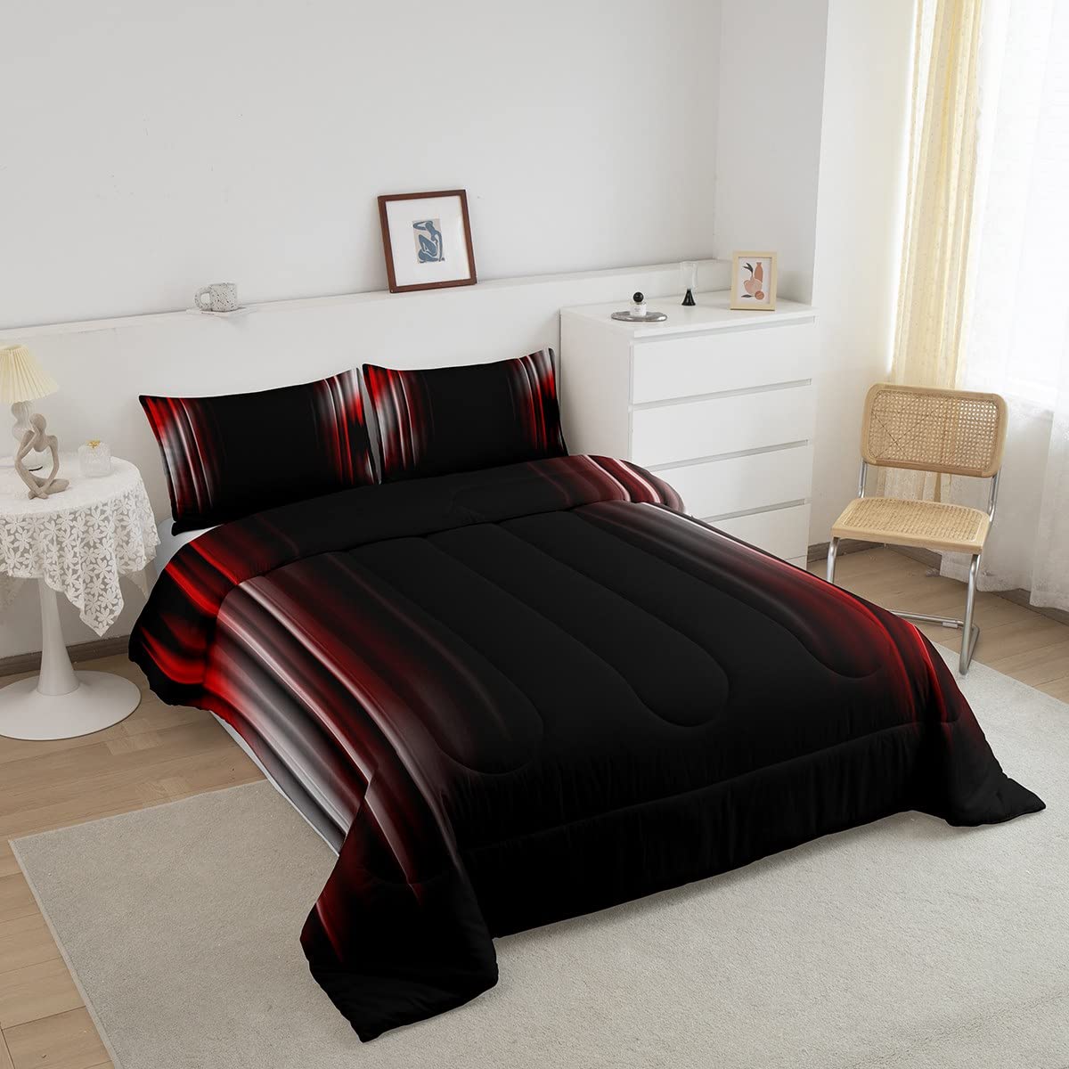 Feelyou Geometric Ombre Bedding Set Men Adults Teens Grey White Red and Black Stripes Comforter Set Kids Boys Girls Simple Modern Quilt Set 3Pcs Queen Size