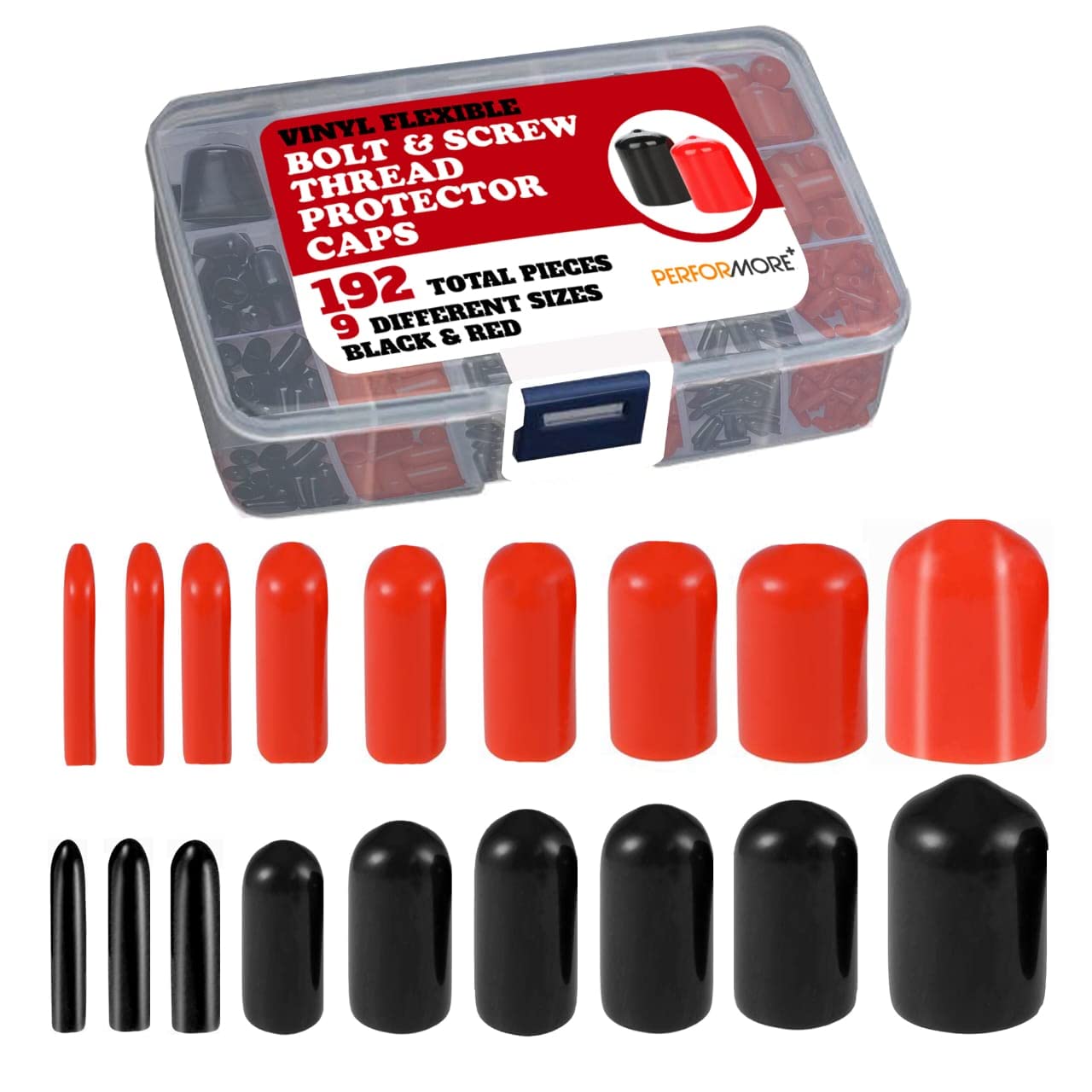 Performore 192 Pieces Rubber End Caps - Screw Cap Covers - Thread Protector - Rubber Tips - Red & Black Vinyl Flexible Bolt & Screw Thread Protector Caps 9 Sizes in Plastic Case