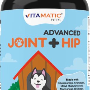 Vitamatic Maximum Strength Joint & Hip Health Supplement for Dogs - 120 Chicken Flavored Tablets - Made with: Glucosamine, Chondroitin, MSM, Hyaluronic Acid, Manganese, Bromelain. White Willow & Yucca