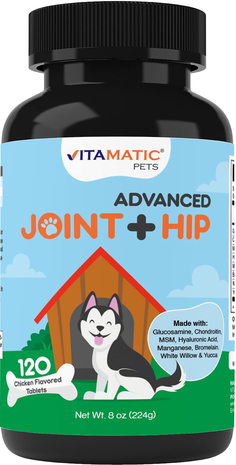 Vitamatic Maximum Strength Joint & Hip Health Supplement for Dogs - 120 Chicken Flavored Tablets - Made with: Glucosamine, Chondroitin, MSM, Hyaluronic Acid, Manganese, Bromelain. White Willow & Yucca