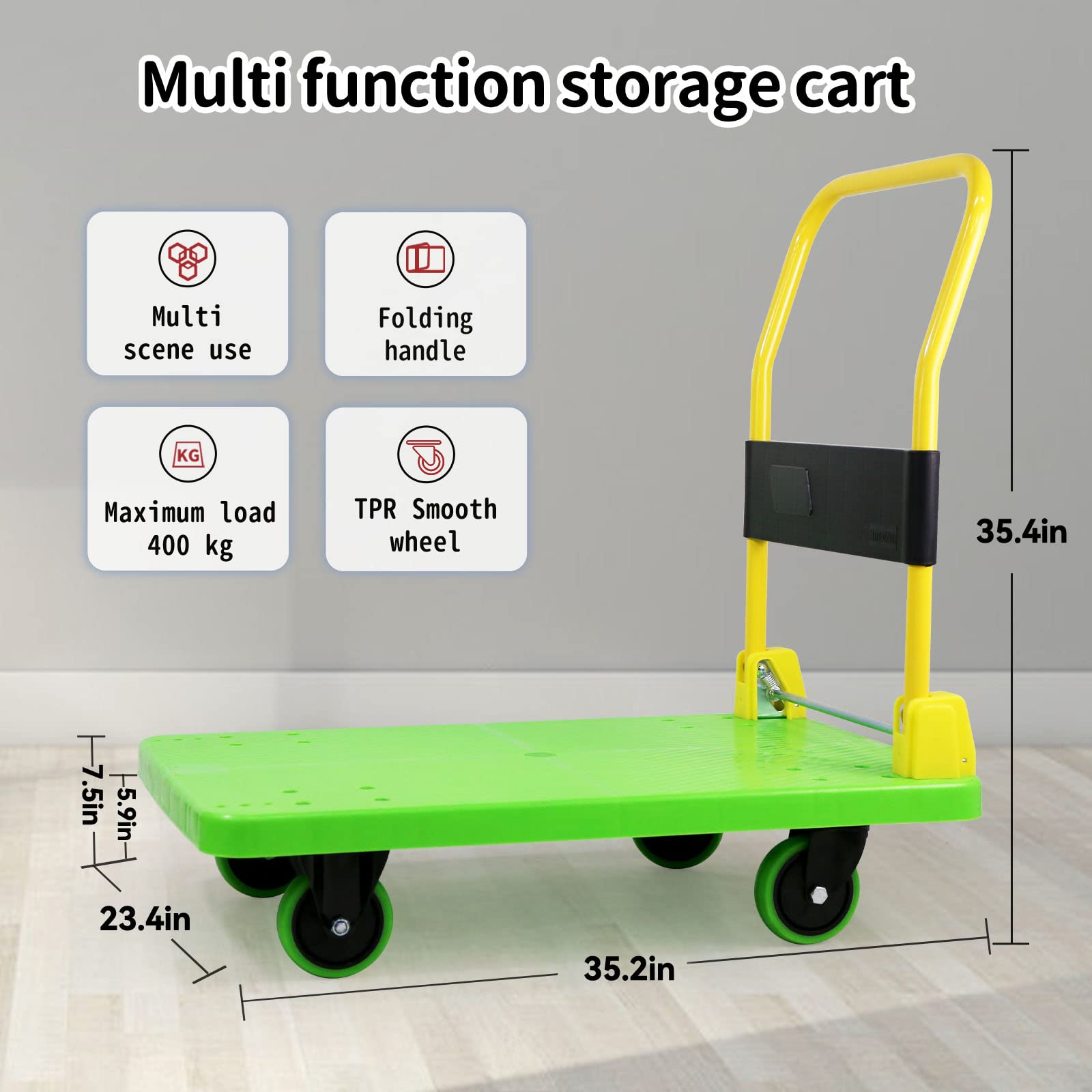 Uholan Service Cart Platform Truck, Heavy Duty 880LBS Plastic Utility Cart 35.2"x 23.4" Platform Cart Dolly Warehouse Moving Push Hand Truck,Heavy-Duty Utility Hand Truck（Green）