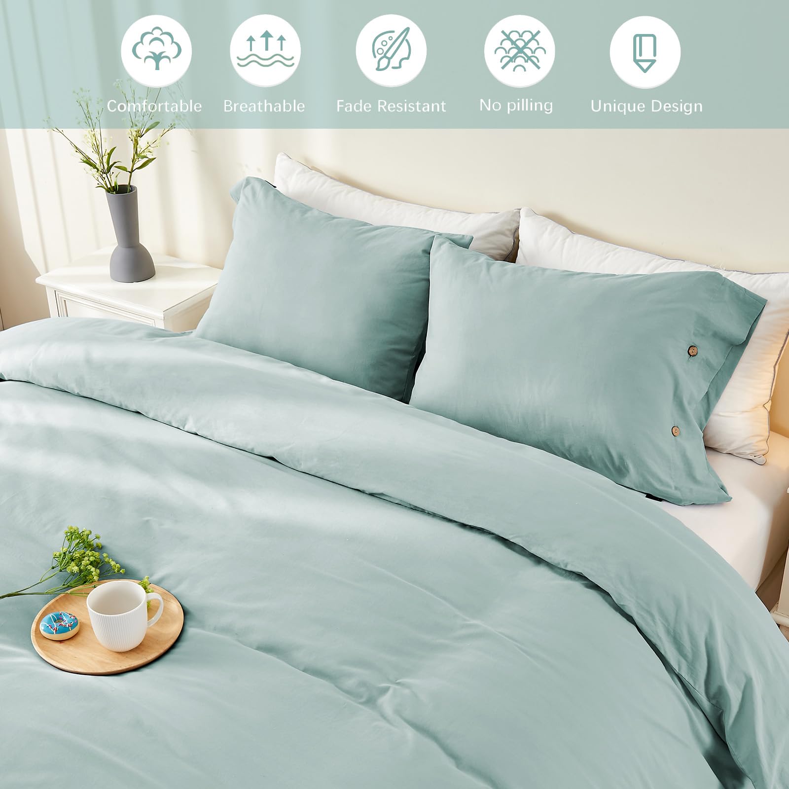 MILDLY 100% Washed Cotton Queen Duvet Cover Set, Linen Like Textured Natural 3 Pieces Luxury Soft Teal Duvet Cover, Bedding Sets Queen Size 3pcs with Zipper Closure (No Comforter)