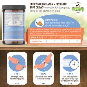 Strawfield Pets' Puppy Multivitamin + Probiotics for Dogs Puppy Vitamins with Joint Support Supplement for Dogs & Puppies Tasty Bacon Flavor 120 Soft Chews