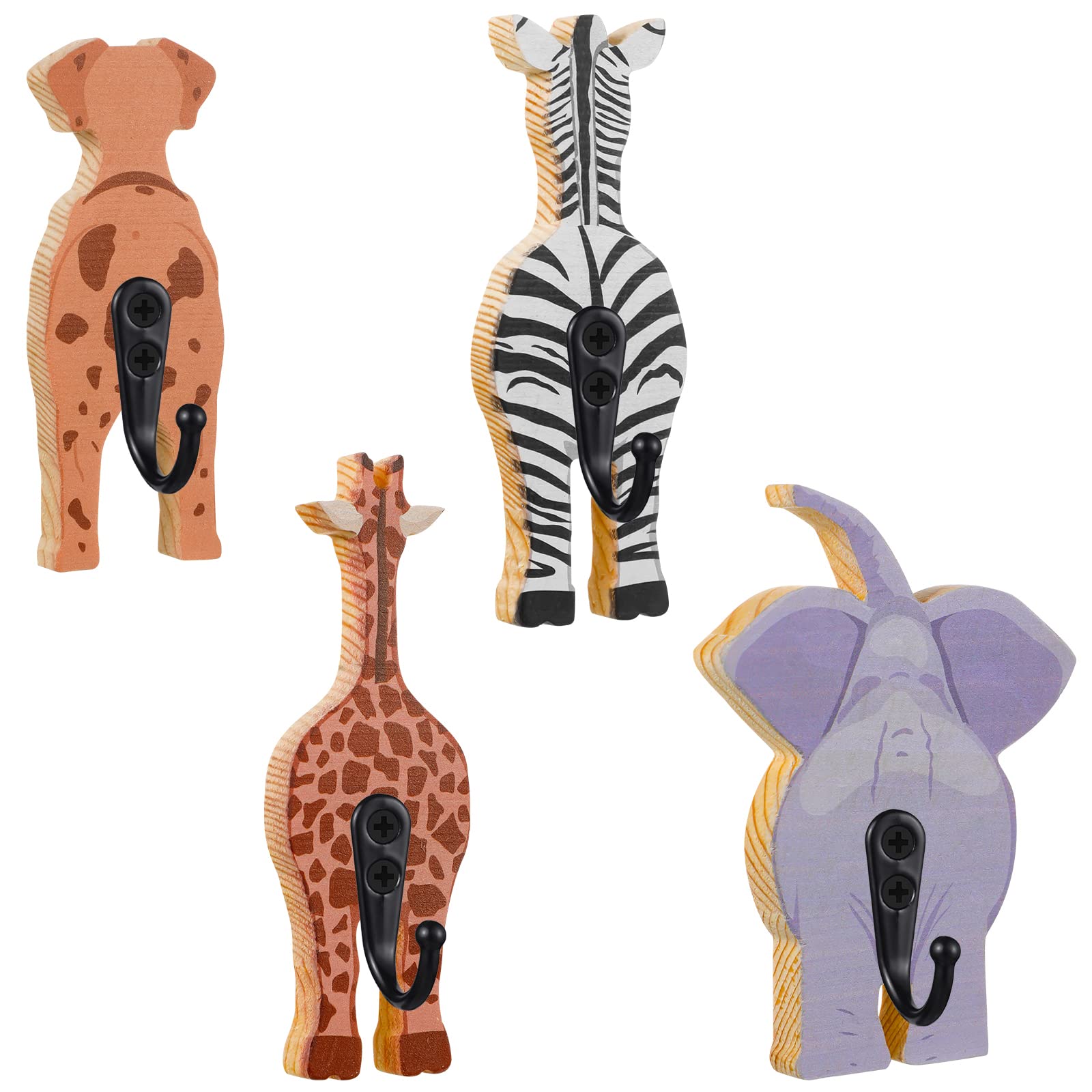 Qunclay 4 Pcs Safari Animal Wall Hooks Decorative Coat Wall Mounted Hooks Wooden Animal Wall Hooks Jungle Animal Hanger Hooks Wood Elephant Giraffe Zebra Dog Hanger for Nursery Bedroom Home Decor