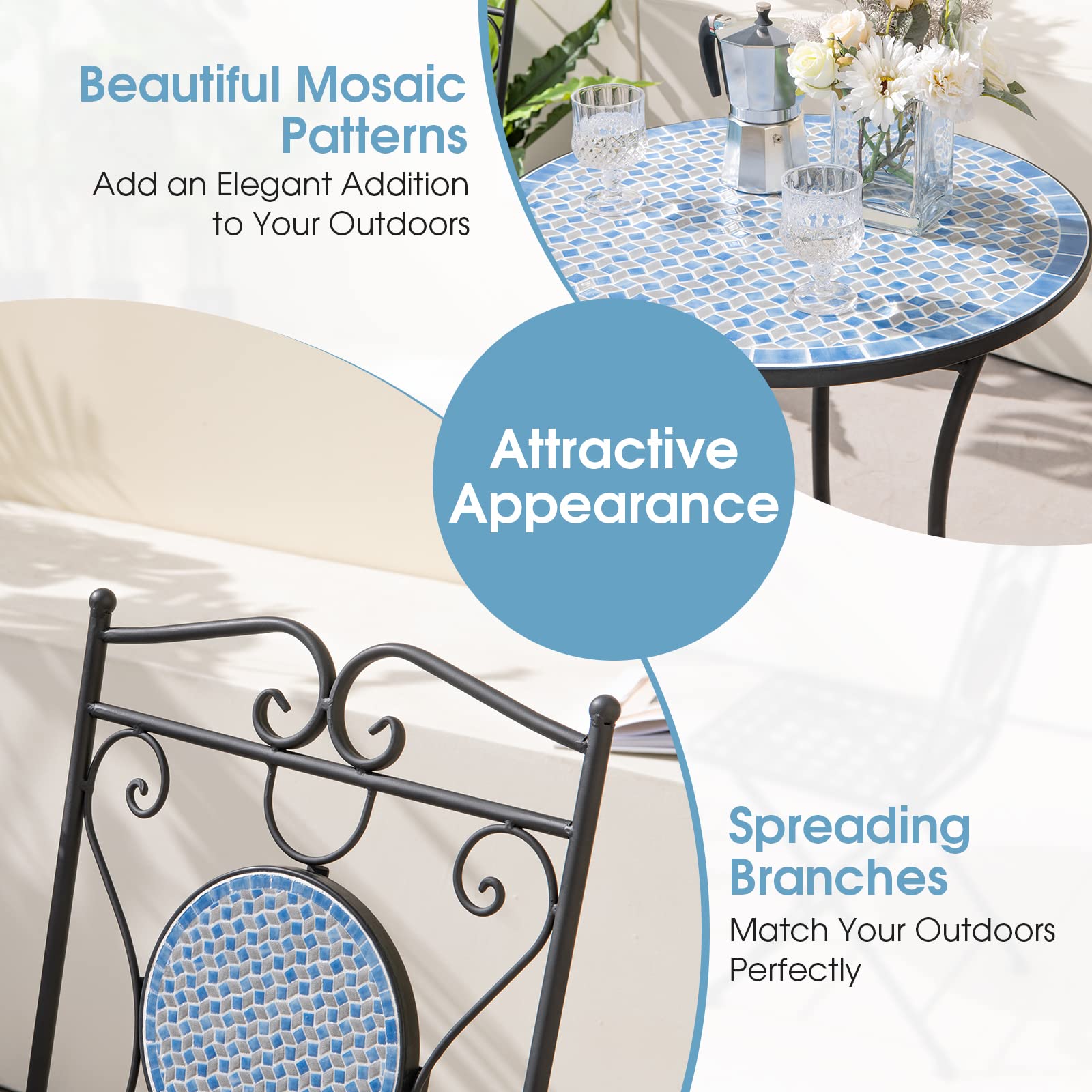 Tangkula 3 Pieces Patio Bistro Set, Outdoor Garden Furniture Set with Mosaic Round Table and 2 Folding Chairs, Outdoor Bistro Set for Porch, Terrace, Balcony