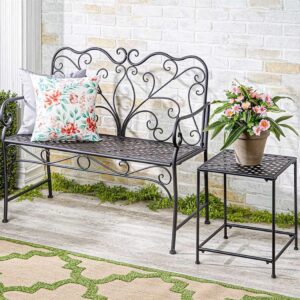 The Lakeside Collection Outdoor Garden Patio Metal Scrolled Bench, 40 1/2" Wide with 400 lb Capacity, Black