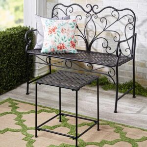 The Lakeside Collection Outdoor Garden Patio Metal Scrolled Bench, 40 1/2" Wide with 400 lb Capacity, Black