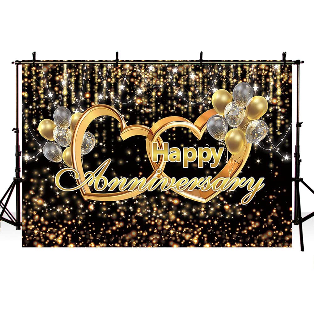 AIBIIN 10x7ft Black Gold Happy Anniversary Backdrop Gold Glitter Bokeh Spot Wedding Anniversary Bridal Shower Photography Background Cheers to Wedding Miss to Mrs Party Decoration Banner Photo Prop