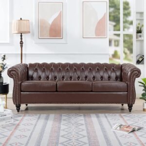 84"rolled arm chesterfield sofa couch, modern 3 seater sofa couch, luxious leather couch with thicken seat cushions and button tufted back, chesterfield couch with nailhead trim, dark brown+pu