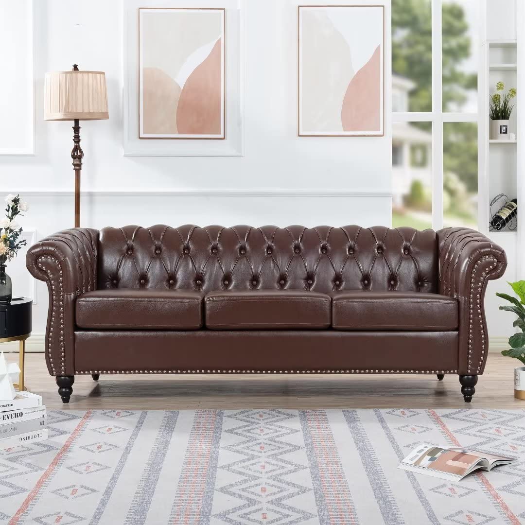 84"Rolled Arm Chesterfield Sofa Couch, Modern 3 Seater Sofa Couch, Luxious Leather Couch with Thicken Seat Cushions and Button Tufted Back, Chesterfield Couch with Nailhead Trim, Dark Brown+PU