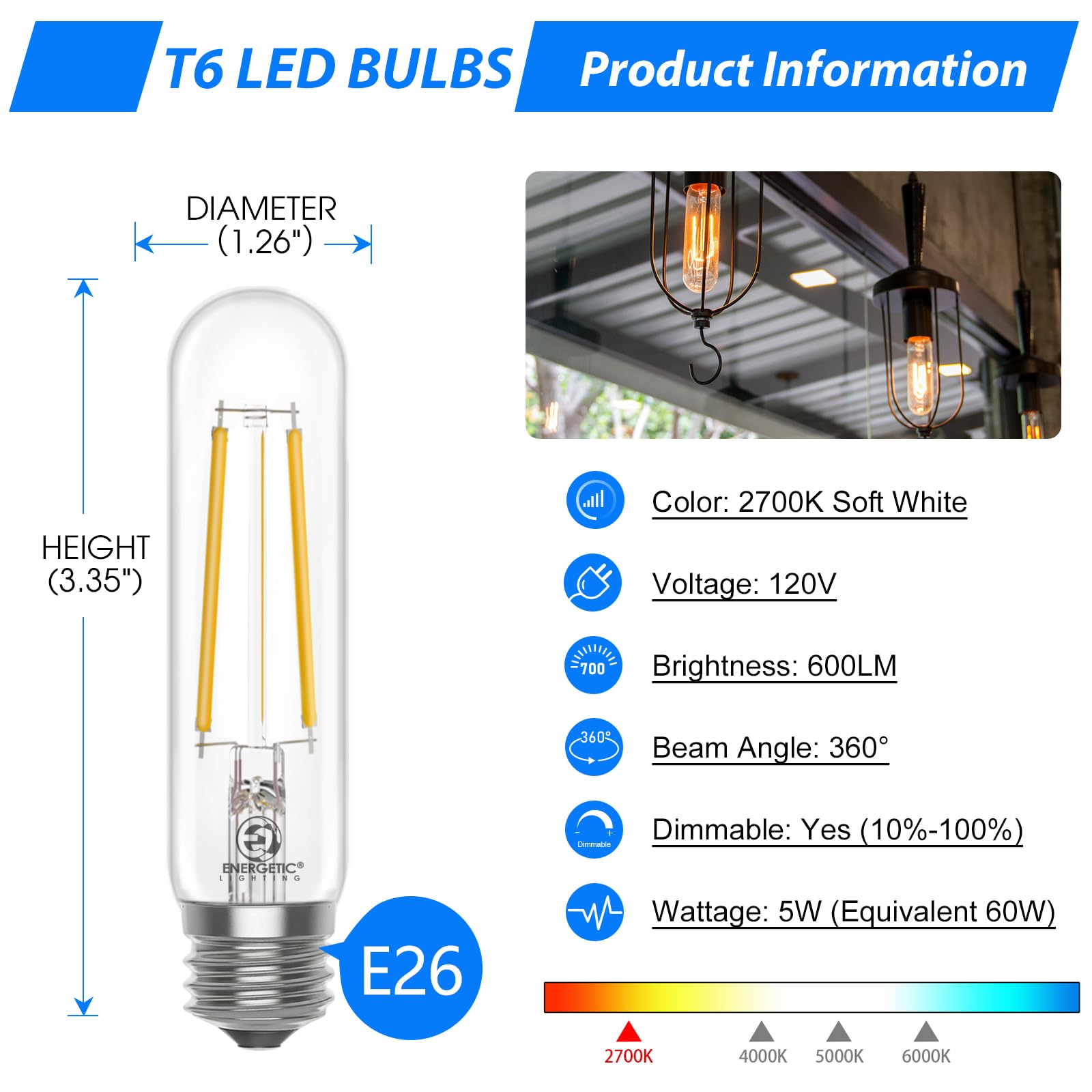 Energetic E12 LED Bulb 5 Watt (60 Watt Equivalent) Candelabra Dimmable Chandelier Light Bulbs Soft White 2700K T6 Vintage Filament Edison Candle Bulb, 6 Pack