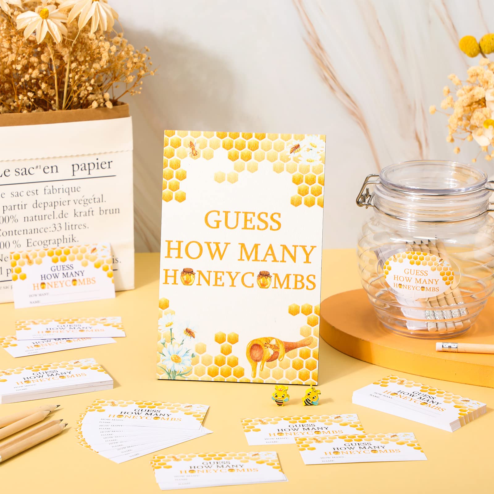 Glenmal 114 Pcs Bee Baby Shower Games Guess How Many Honeycombs Wooden Guessing Game Sign 100 Guessing Cards 10 Pencils 2 Stickers 1 Bottle for Guests Baby Shower Gender Reveal Party, No Honeycombs