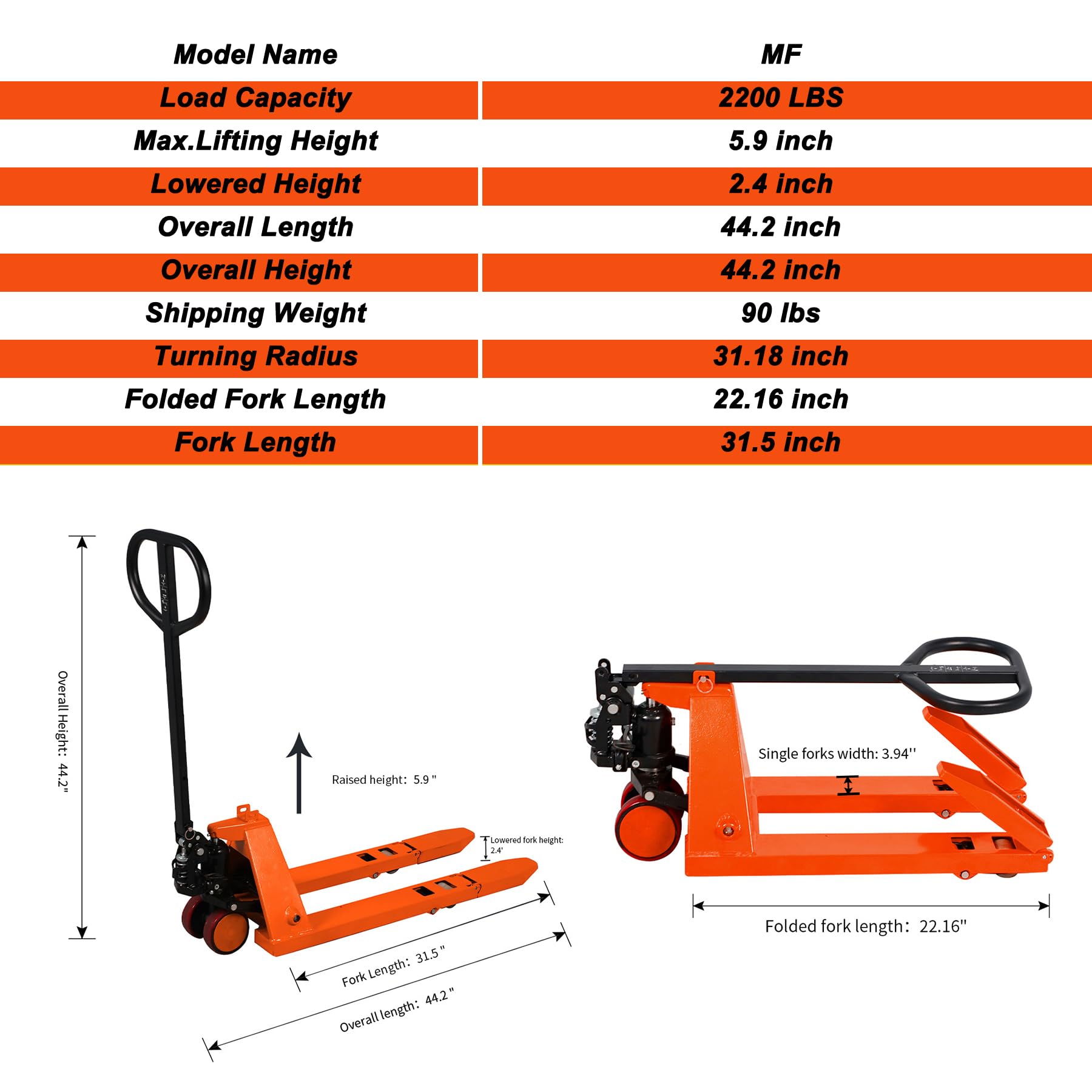 Tory Carrier Narrow Pallet Truck, Manual Hand Truck, Mini Pallet Jack, Foldable Handle and Forks 2200lbs Capacity 31.5" Lx15 W Froks