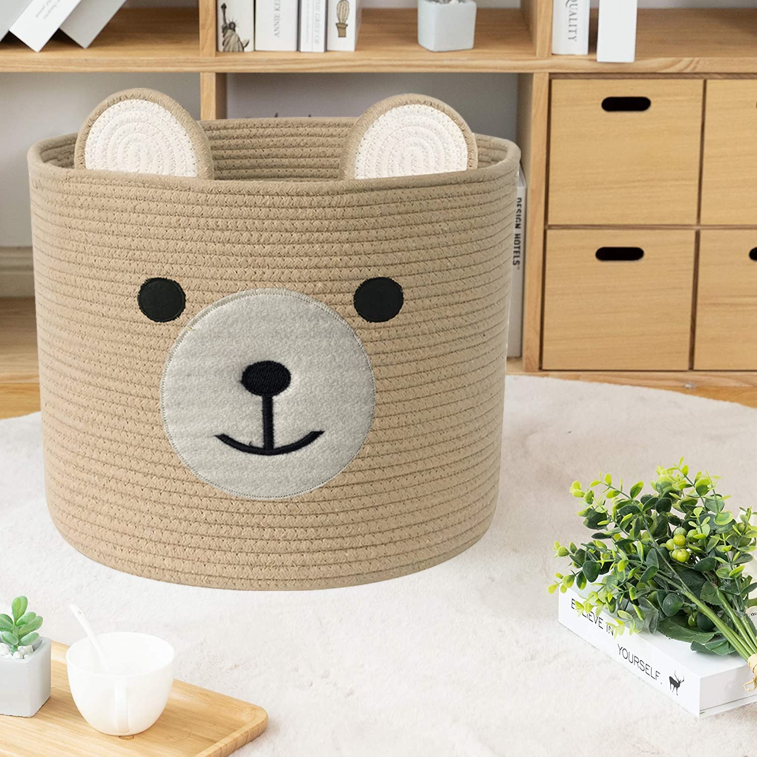 Bear Laundry Baskets Laundry Hamper Storage Basket with Handles,Decorative Basket for Living room,Woven Storage Basket for Toys Bin Pillows Blankets Clothes (Khaki - Version 2)