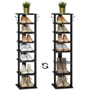 HOOBRO 8 Tiers Vertical Shoe Rack, Wooden Shoe Storage Organizer with Hooks, Narrow Shoe Tower for 8 Pairs, Space Saving, for Entryway, Living Room, Bedroom, Black BK07XJ01