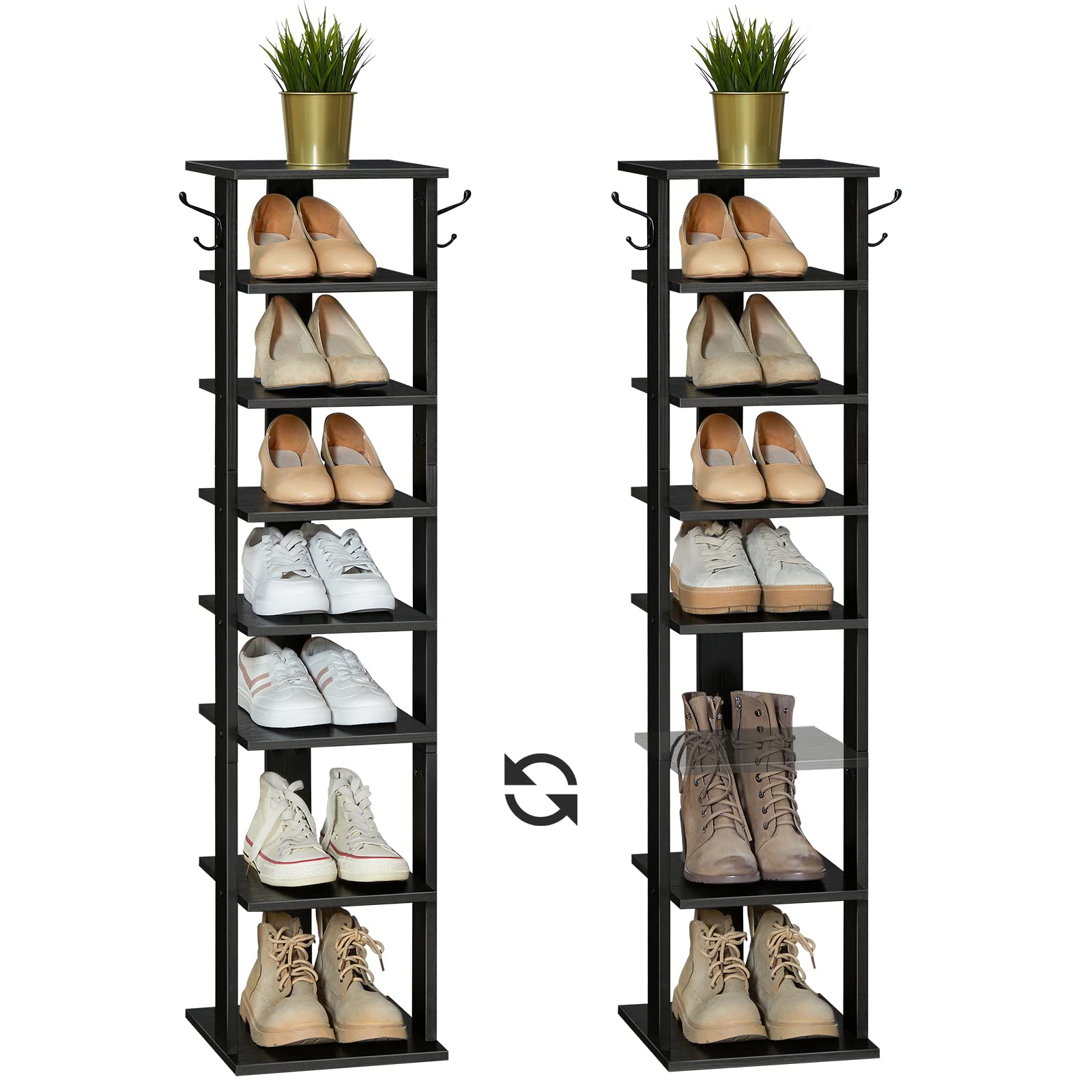 HOOBRO 8 Tiers Vertical Shoe Rack, Wooden Shoe Storage Organizer with Hooks, Narrow Shoe Tower for 8 Pairs, Space Saving, for Entryway, Living Room, Bedroom, Black BK07XJ01