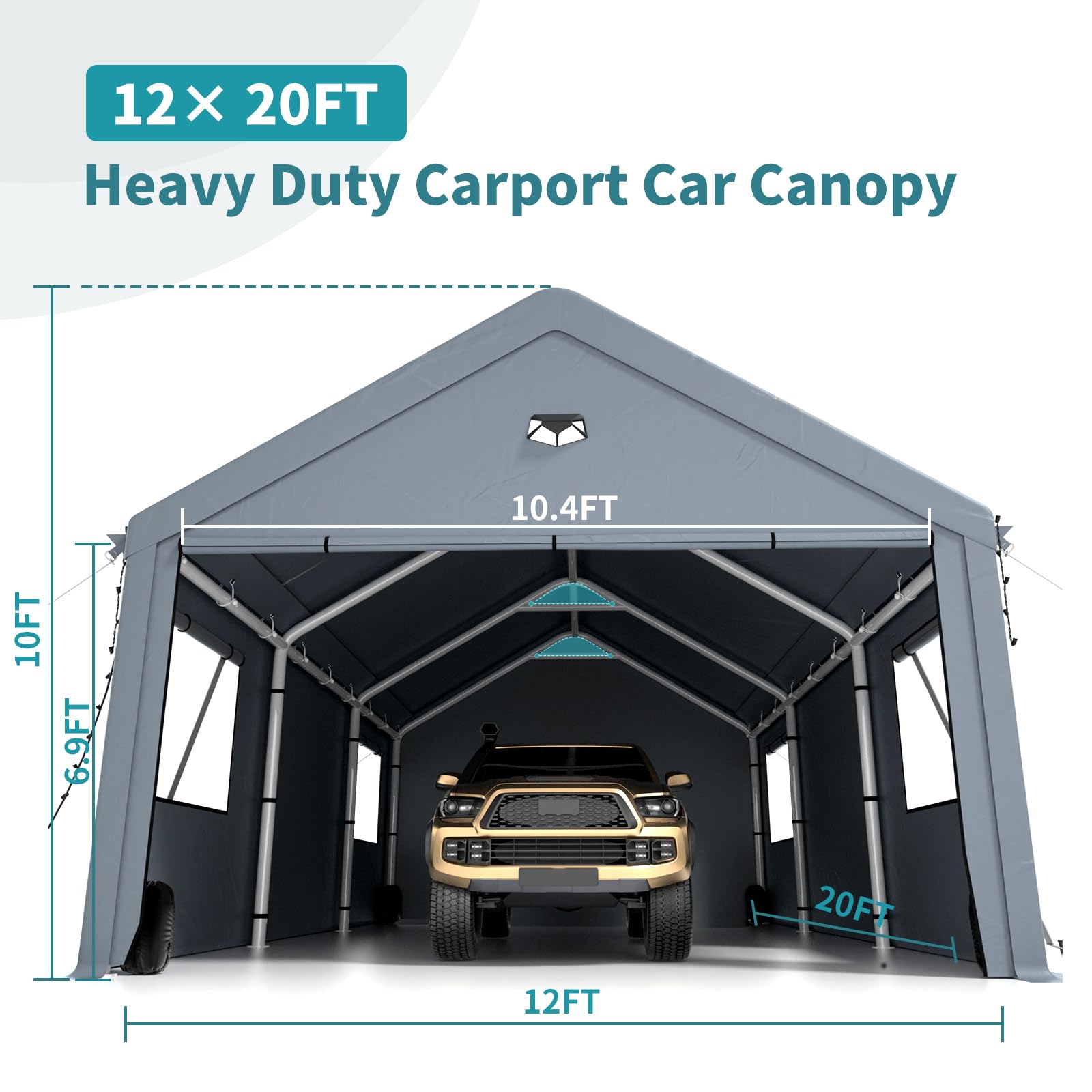 12x20 Heavy Duty Carport Canopy - Extra Large Portable Car Tent Garage with Roll-up Windows and All-Season Tarp Cover,Removable Roof &Side Walls for Car, SUV,Boats&Truck Shelter Sheds