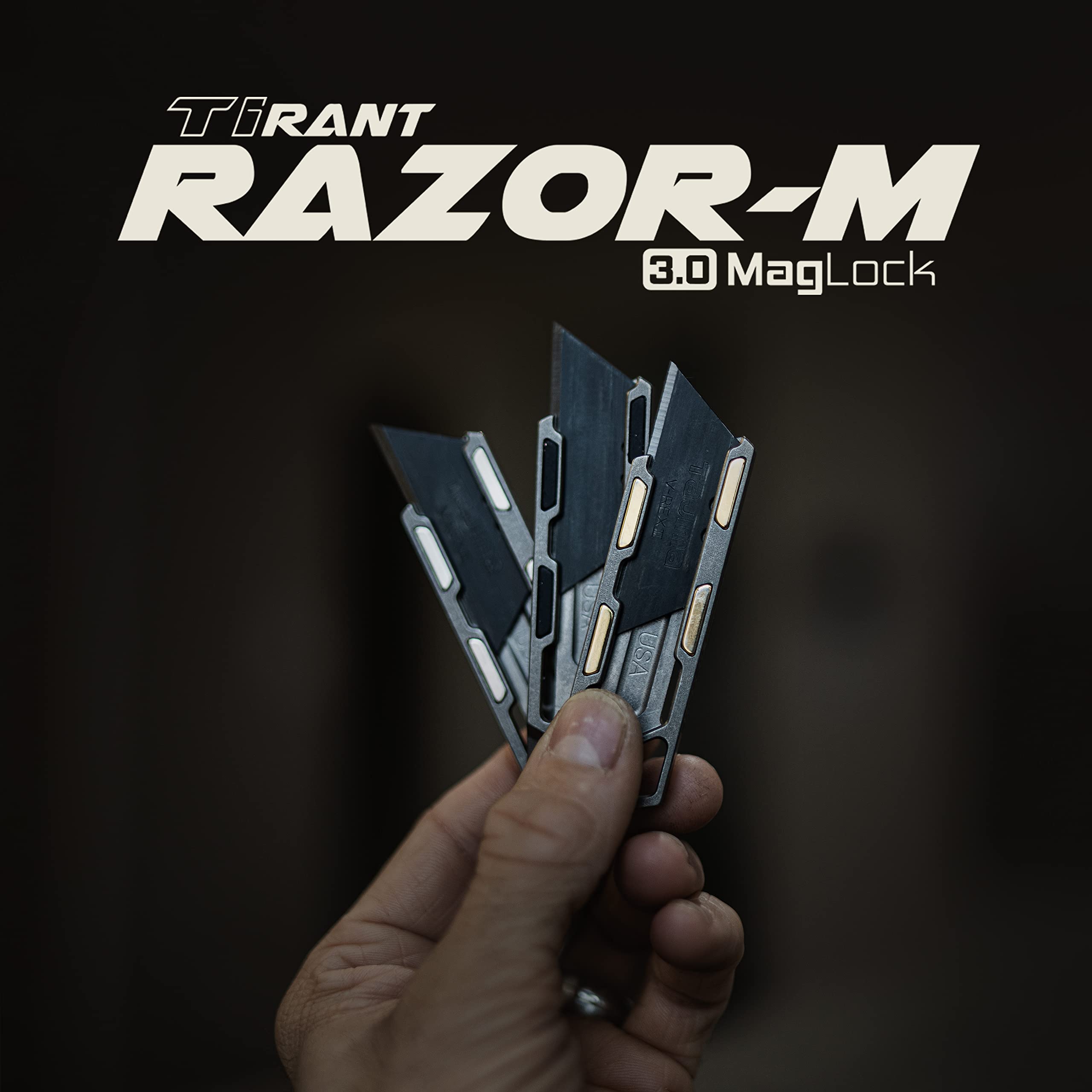 Exceed Designs TIRANT RAZOR-M 3.0 Magnetic Slide (Stonewashed) 6Al-4V Titanium Utility Knife & Pry Bar, EDC Knife, Box Cutter, MADE IN USA (Jet-Black Magnets/WITH CLIP)