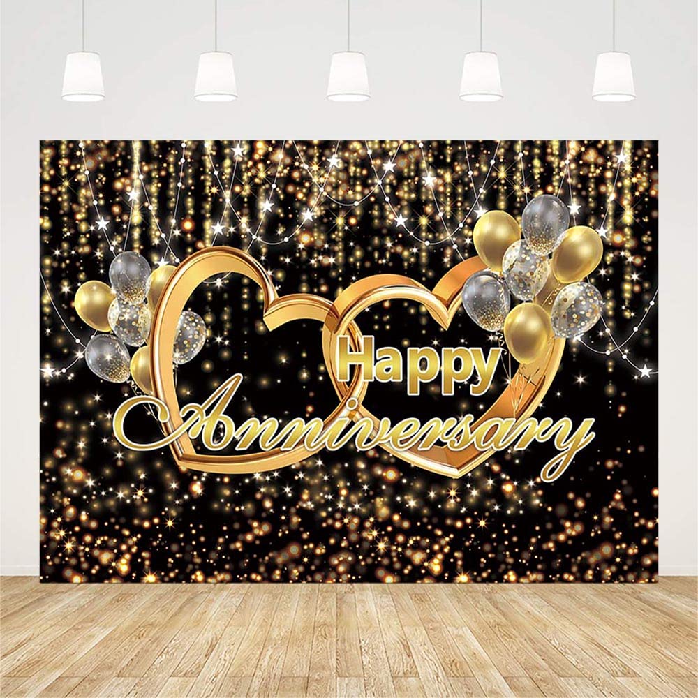 AIBIIN 10x7ft Black Gold Happy Anniversary Backdrop Gold Glitter Bokeh Spot Wedding Anniversary Bridal Shower Photography Background Cheers to Wedding Miss to Mrs Party Decoration Banner Photo Prop