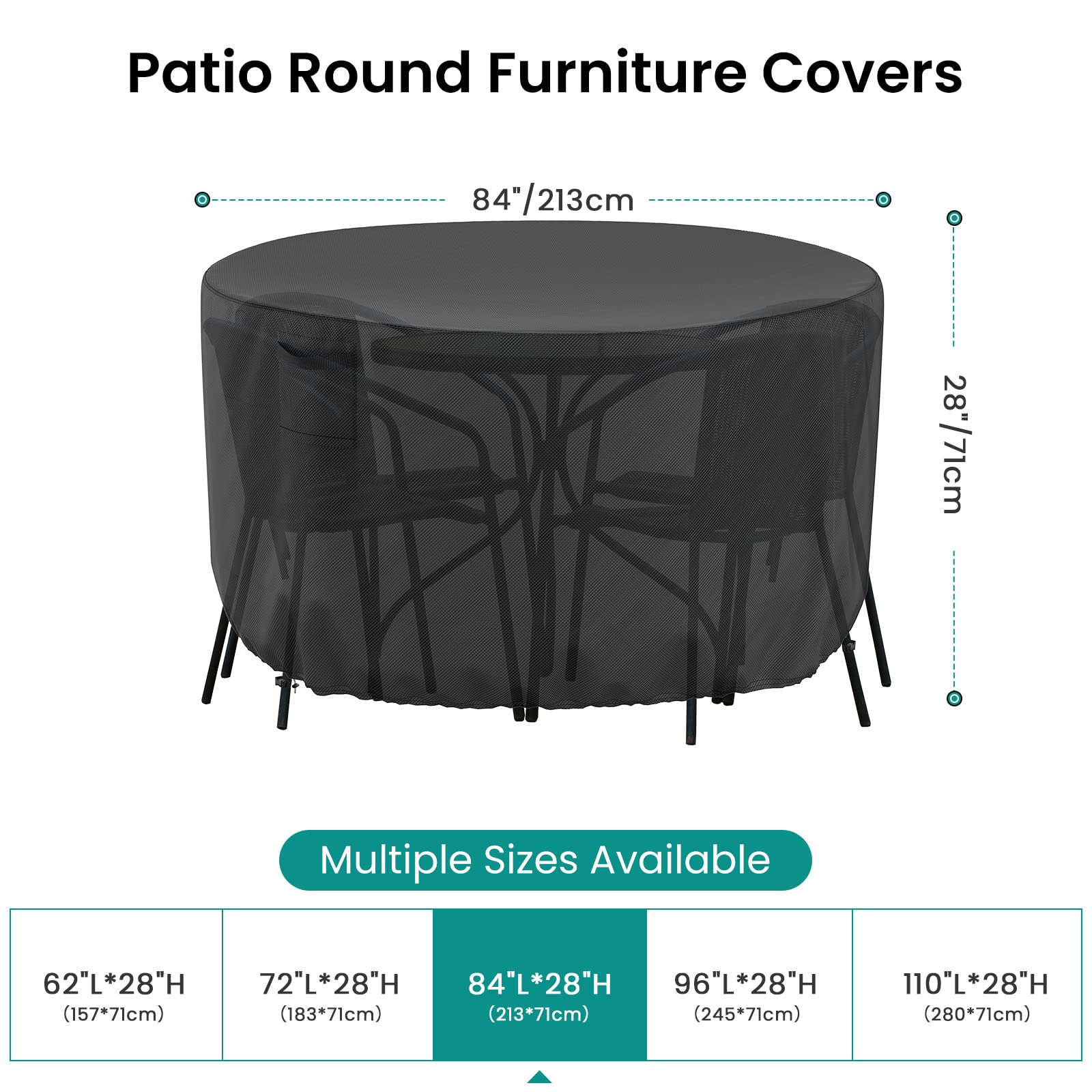 Brosyda Round Patio Furniture Cover, Waterproof Outdoor Table Covers, Windproof Heavy Duty Patio Furniture Cover for Outdoor Table Chair Furniture Set, Tear Resistant, 84"DIA x 28"H, Black