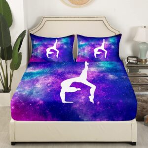 Erosebridal Gymnastic Bed Sheet for Girls Women Gift, Gymnastics Lovers Sheet Set Purple Galaxy Bedding Set Full Size, Tie Dye Glitter Blue Purple Fitted Sheet - Deep Pocket 4 Pcs with 2 Pillowcases