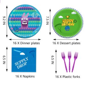 Video Games Party Tableware Supplies 64pcs Llama Set Including 32 pcs Plates, 16 pcs Forks and 16 pcs Napkins, Video Games Theme Party Baby Shower Birthday Decorations