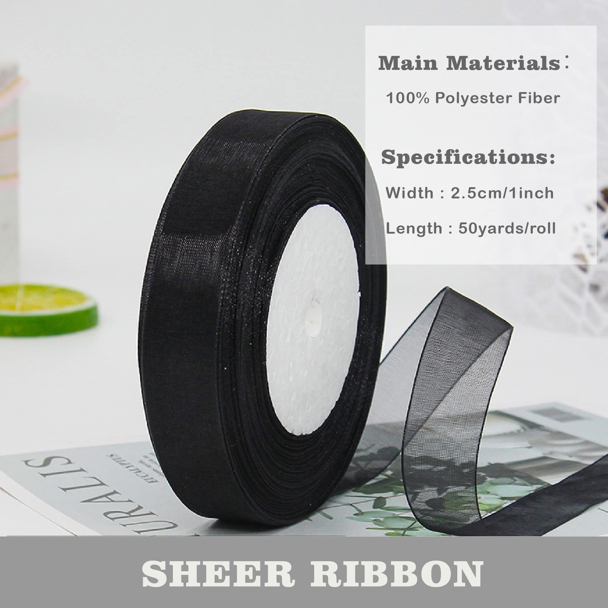 MUWOOB 1 inch Black Organza Ribbon, 50 Yards Sheer Chiffon Ribbons for Gift Wrapping, Bouquet, Garland, Bowknot, Hair, Crafts, Balloons, Party Decoration