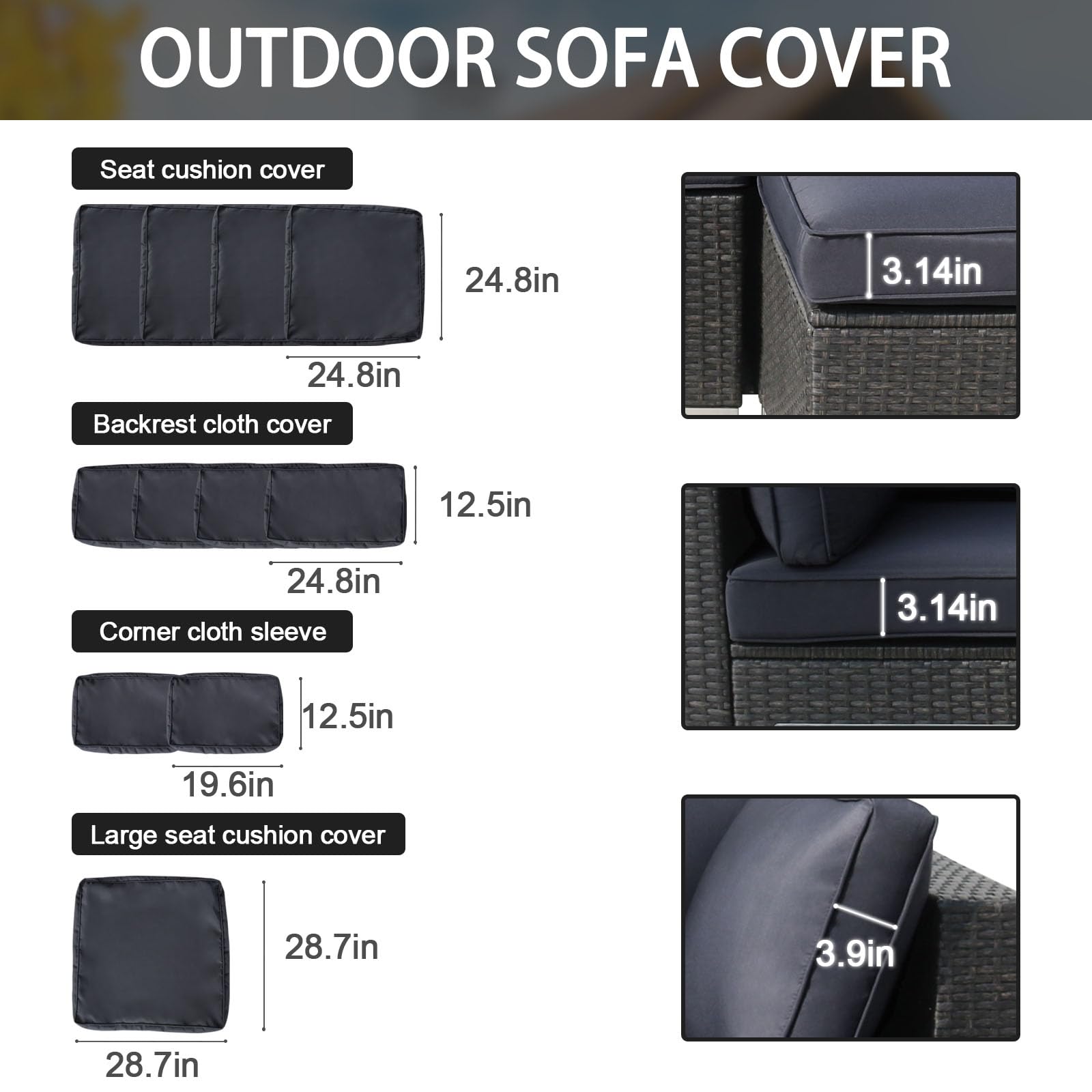 FKSLIFE Outdoor Couch Cushions Covers,11Pieces Outdoor Patio Cushion Covers Replacement Waterproof Sofa Cushions,Furniture Covers Cushion Slipcovers Set(Dark Grey)