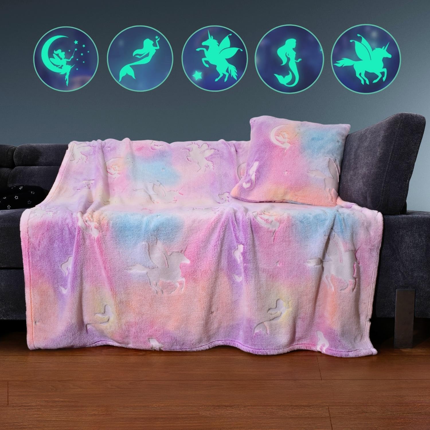 GLOWY DREAMS Glow in The Dark Blanket & Pillow Case Set - 50 x 60 in Kids Blanket & 18 x 18 in Pillowcase, 300GSM Mermaid Unicorn Blanket, Girl Blankets Kids Throw Blanket for Ages 3 to 10